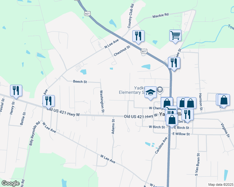 map of restaurants, bars, coffee shops, grocery stores, and more near 213 Cemetery Street in Yadkinville