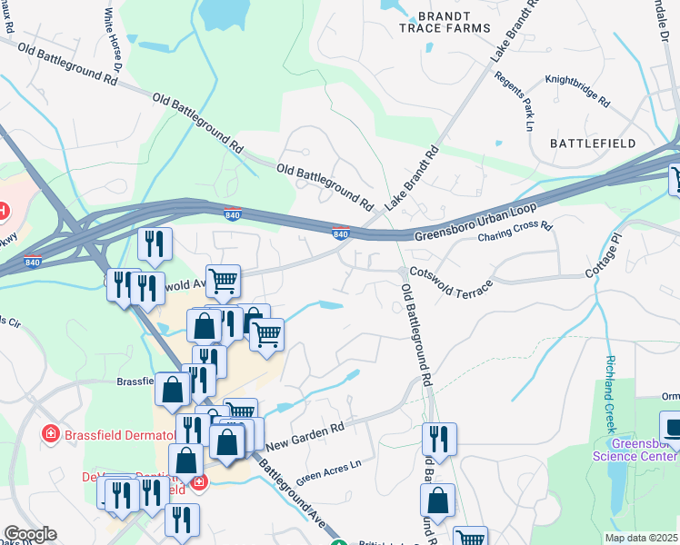 map of restaurants, bars, coffee shops, grocery stores, and more near 3703 Cotswold Terrace in Greensboro