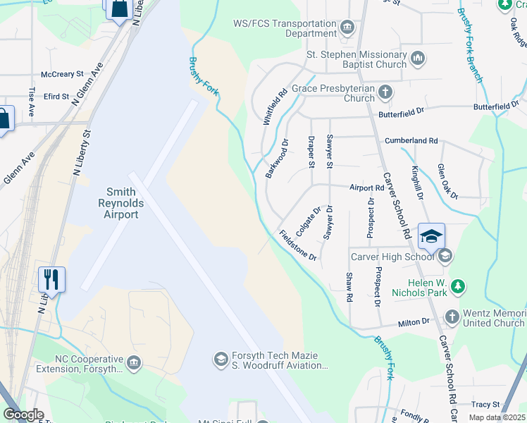 map of restaurants, bars, coffee shops, grocery stores, and more near 3614 Barkwood Drive in Winston-Salem
