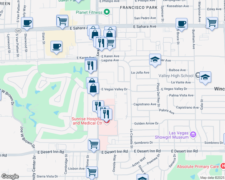 map of restaurants, bars, coffee shops, grocery stores, and more near 1325 East Vegas Valley Drive in Las Vegas