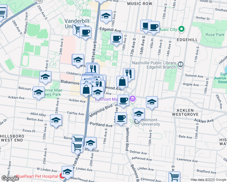 map of restaurants, bars, coffee shops, grocery stores, and more near 1711 18th Avenue South in Nashville