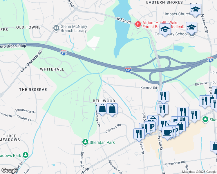 map of restaurants, bars, coffee shops, grocery stores, and more near 633 Kenneth Road in Greensboro