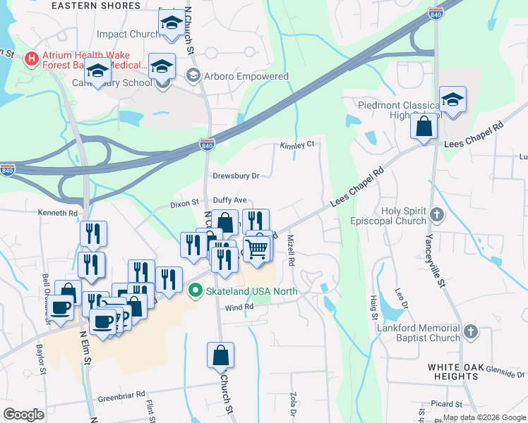 map of restaurants, bars, coffee shops, grocery stores, and more near 4002 Coltrain Road in Greensboro