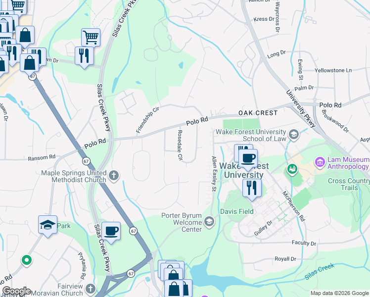 map of restaurants, bars, coffee shops, grocery stores, and more near 142 Rosedale Circle in Winston-Salem