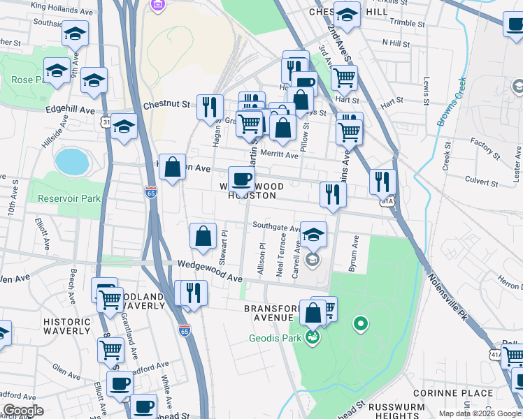 map of restaurants, bars, coffee shops, grocery stores, and more near 600 Southgate Avenue in Nashville