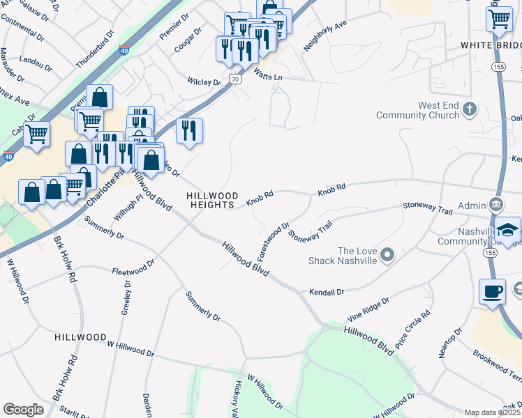 map of restaurants, bars, coffee shops, grocery stores, and more near 5741 Knob Road in Nashville
