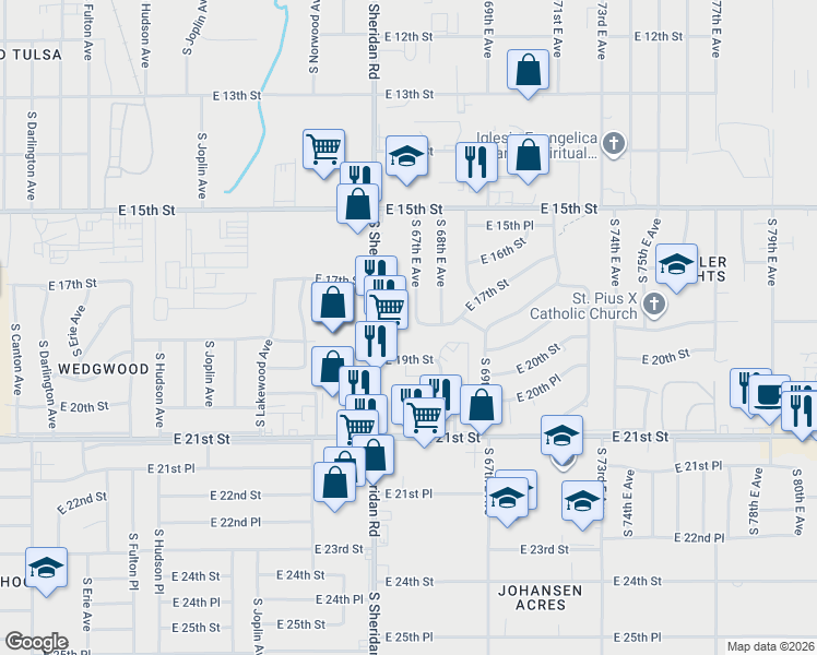 map of restaurants, bars, coffee shops, grocery stores, and more near 6621 East 19th Street in Tulsa