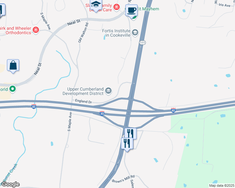 map of restaurants, bars, coffee shops, grocery stores, and more near 1100 England Drive in Cookeville