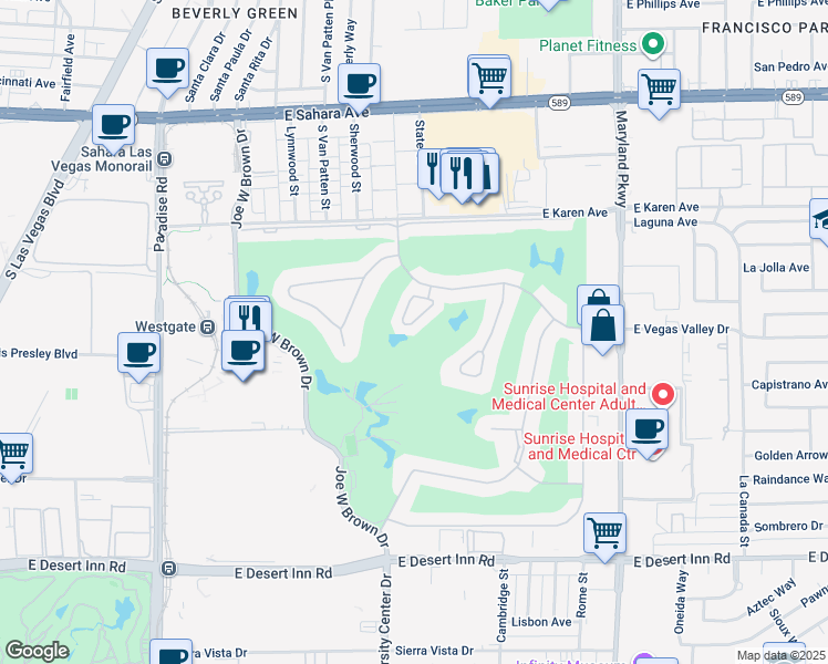 map of restaurants, bars, coffee shops, grocery stores, and more near 2843 Queens Courtyard Drive in Las Vegas