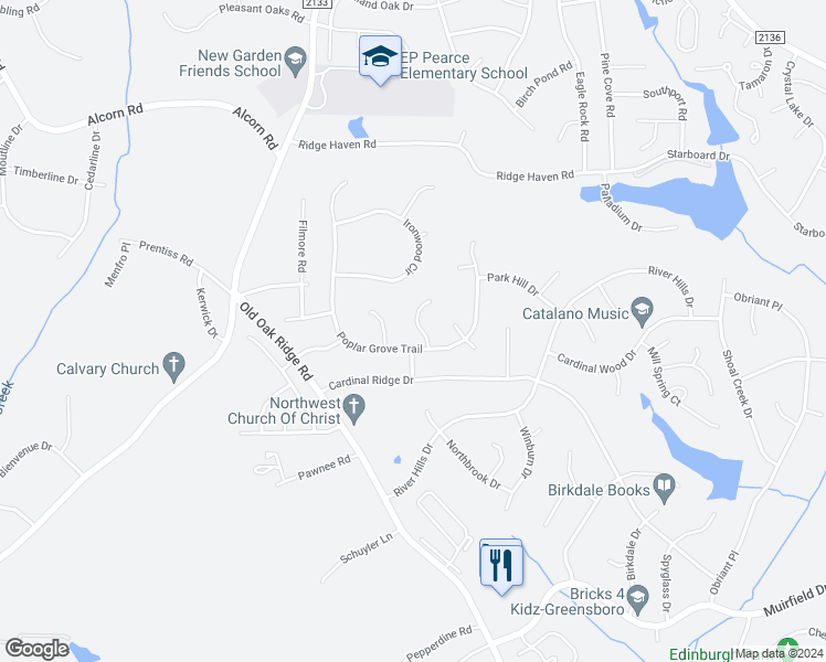 map of restaurants, bars, coffee shops, grocery stores, and more near 4005 Sassafras Court in Greensboro