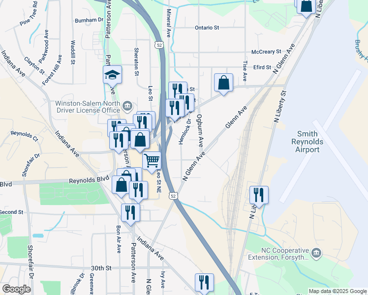 map of restaurants, bars, coffee shops, grocery stores, and more near 3625 Hemlock Drive in Winston-Salem