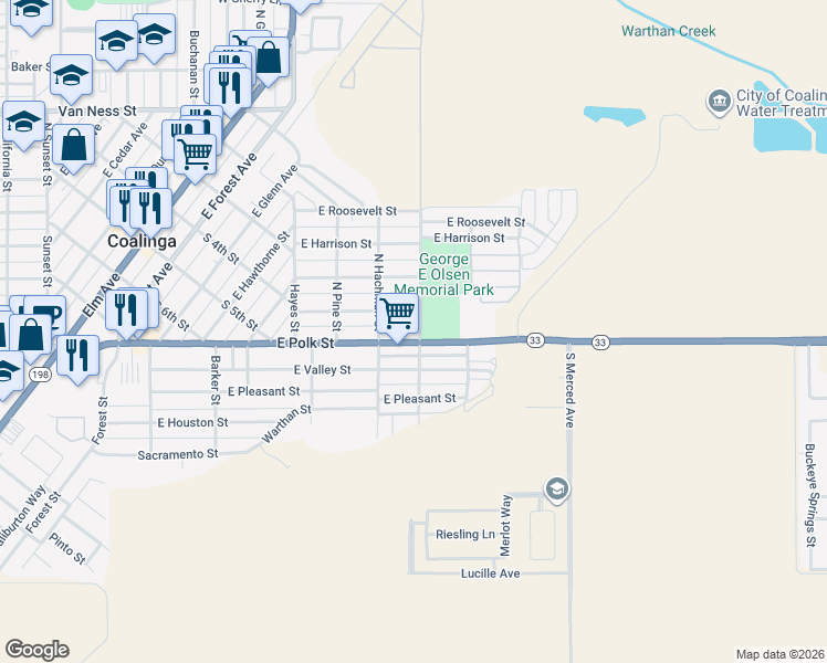 map of restaurants, bars, coffee shops, grocery stores, and more near 683 East Polk Street in Coalinga