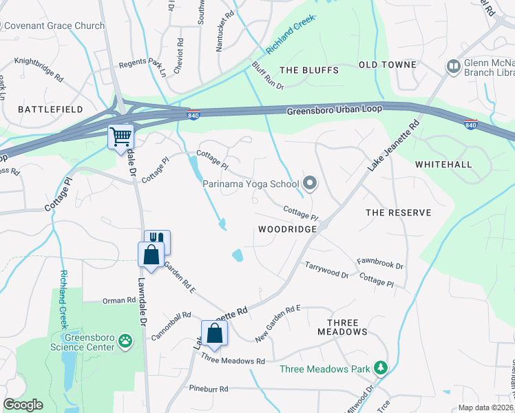 map of restaurants, bars, coffee shops, grocery stores, and more near 4111 Ridgedale Drive in Greensboro
