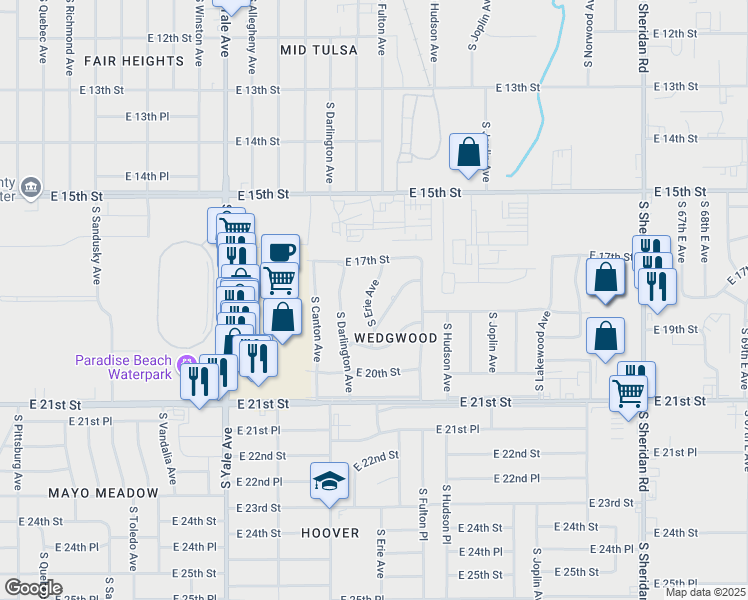 map of restaurants, bars, coffee shops, grocery stores, and more near 1743 South Erie Avenue in Tulsa