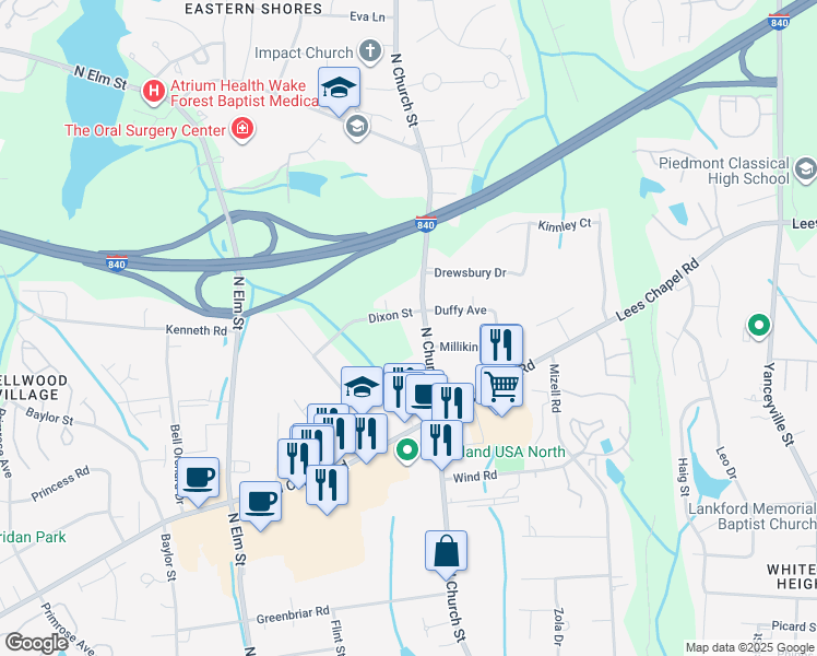 map of restaurants, bars, coffee shops, grocery stores, and more near 4003 North Church Street in Greensboro
