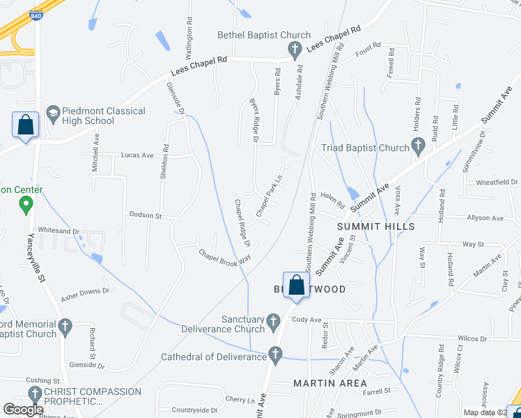 map of restaurants, bars, coffee shops, grocery stores, and more near 2009 Chapel Park Lane in Greensboro