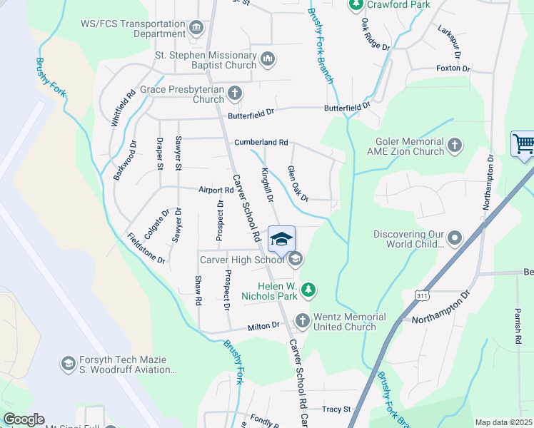 map of restaurants, bars, coffee shops, grocery stores, and more near 3620 Kinghill Drive in Winston-Salem