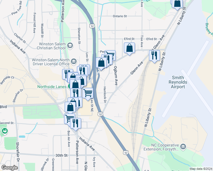map of restaurants, bars, coffee shops, grocery stores, and more near 3625 Hemlock Drive in Winston-Salem