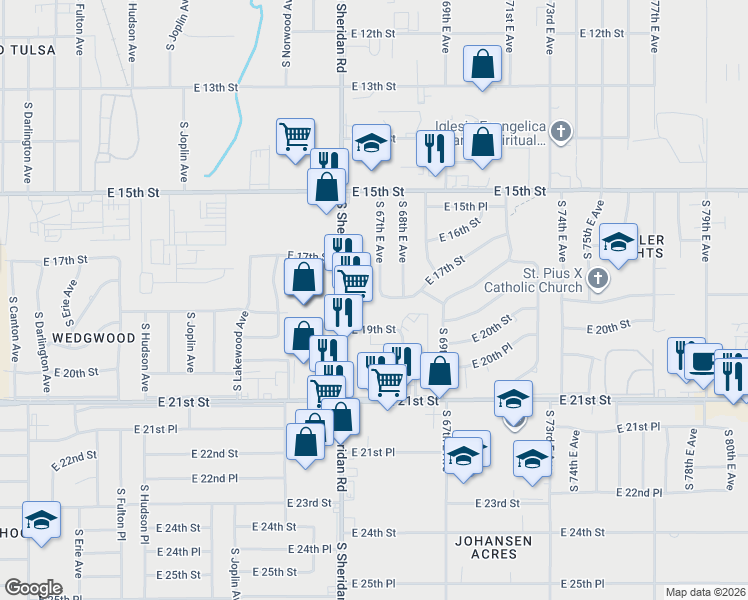 map of restaurants, bars, coffee shops, grocery stores, and more near 6621 East 19th Street in Tulsa