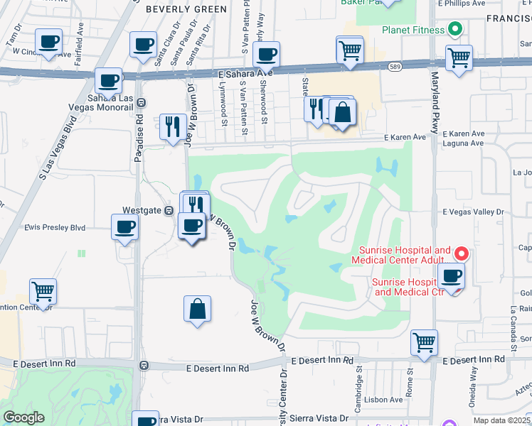 map of restaurants, bars, coffee shops, grocery stores, and more near 2866 Loveland Drive in Las Vegas