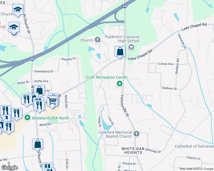 map of restaurants, bars, coffee shops, grocery stores, and more near 214 Heritage Creek Way in Greensboro
