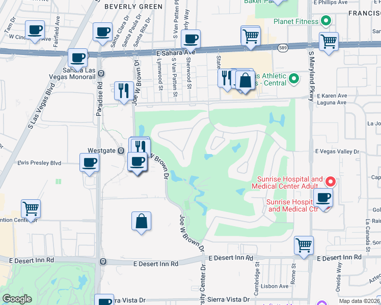 map of restaurants, bars, coffee shops, grocery stores, and more near 2890 Loveland Drive in Las Vegas