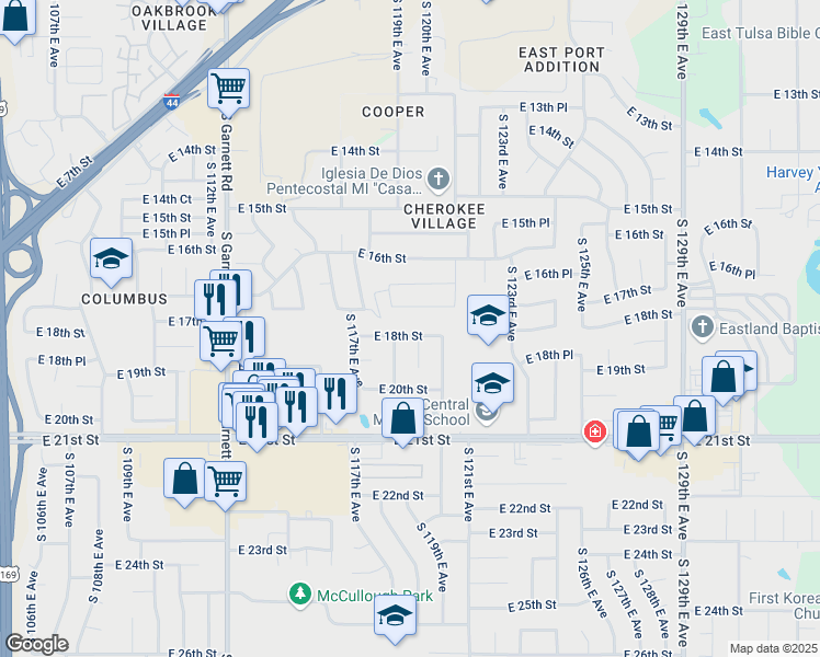 map of restaurants, bars, coffee shops, grocery stores, and more near 1804 South 119th East Place in Tulsa