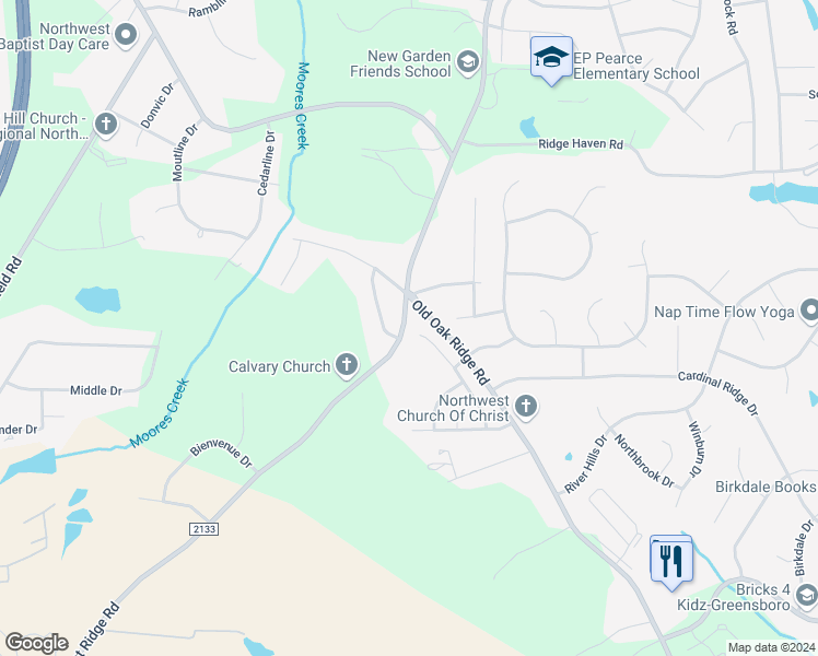 map of restaurants, bars, coffee shops, grocery stores, and more near 7117 Chaftain Place in Greensboro