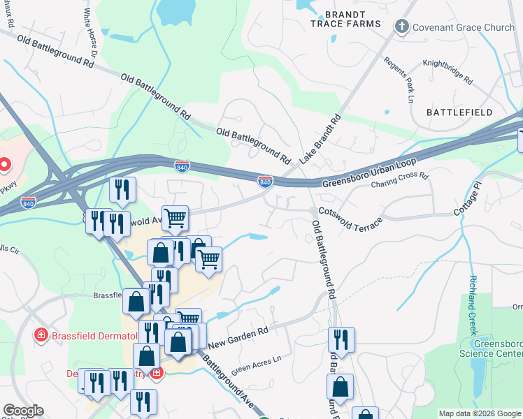 map of restaurants, bars, coffee shops, grocery stores, and more near 3703 Cotswold Terrace in Greensboro