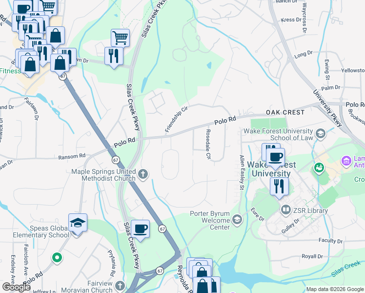 map of restaurants, bars, coffee shops, grocery stores, and more near 274 Crepe Myrtle Circle in Winston-Salem