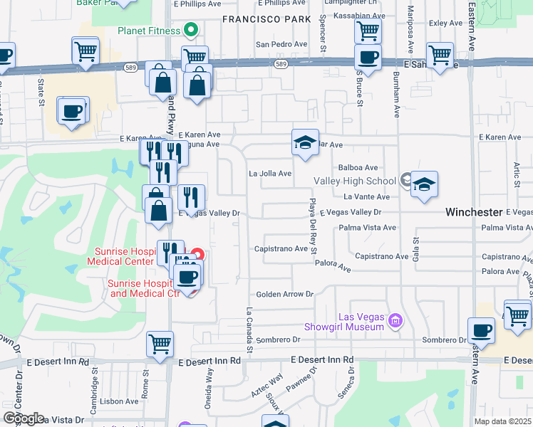 map of restaurants, bars, coffee shops, grocery stores, and more near 1564 East Vegas Valley Drive in Las Vegas