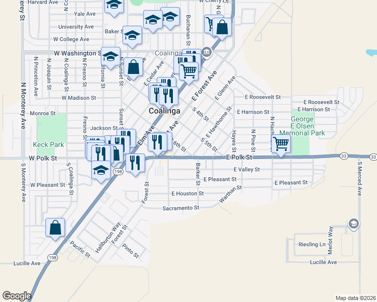 map of restaurants, bars, coffee shops, grocery stores, and more near 270 South 6th Street in Coalinga