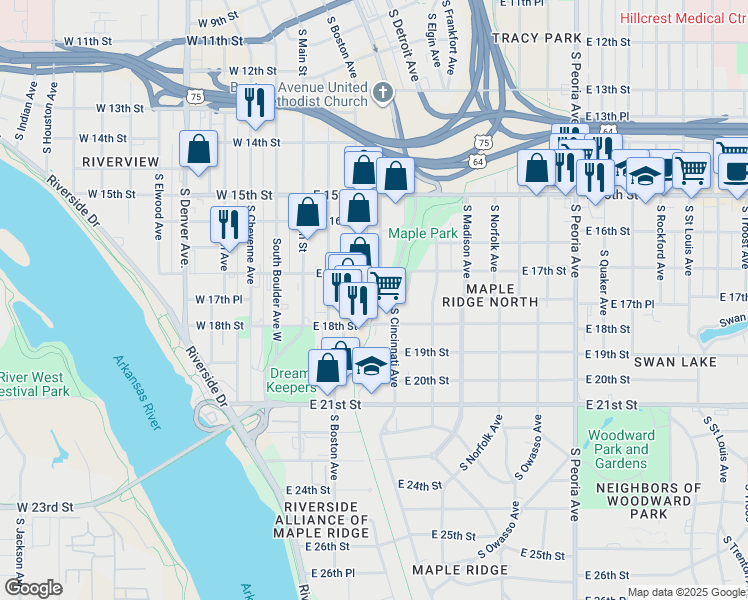 map of restaurants, bars, coffee shops, grocery stores, and more near 101 North Greenwood Avenue in Tulsa