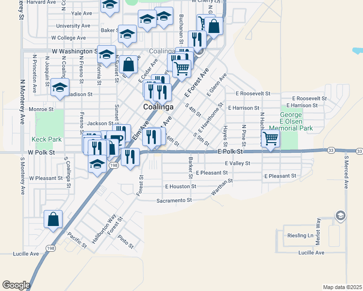 map of restaurants, bars, coffee shops, grocery stores, and more near 251 South 6th Street in Coalinga