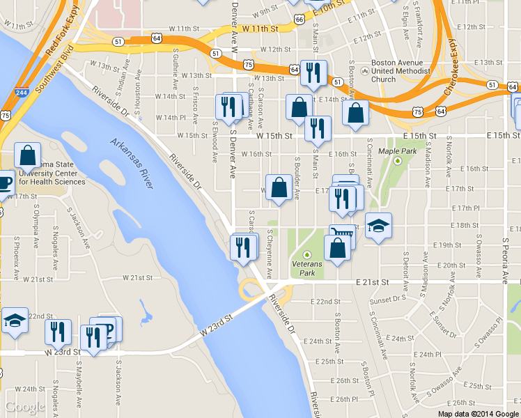 map of restaurants, bars, coffee shops, grocery stores, and more near 1739 South Carson Avenue in Tulsa