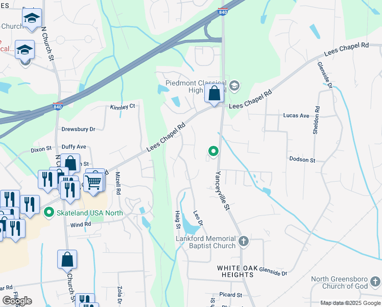 map of restaurants, bars, coffee shops, grocery stores, and more near 212 Heritage Creek Way in Greensboro