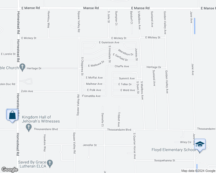 map of restaurants, bars, coffee shops, grocery stores, and more near 5635 Larimer Street in Pahrump