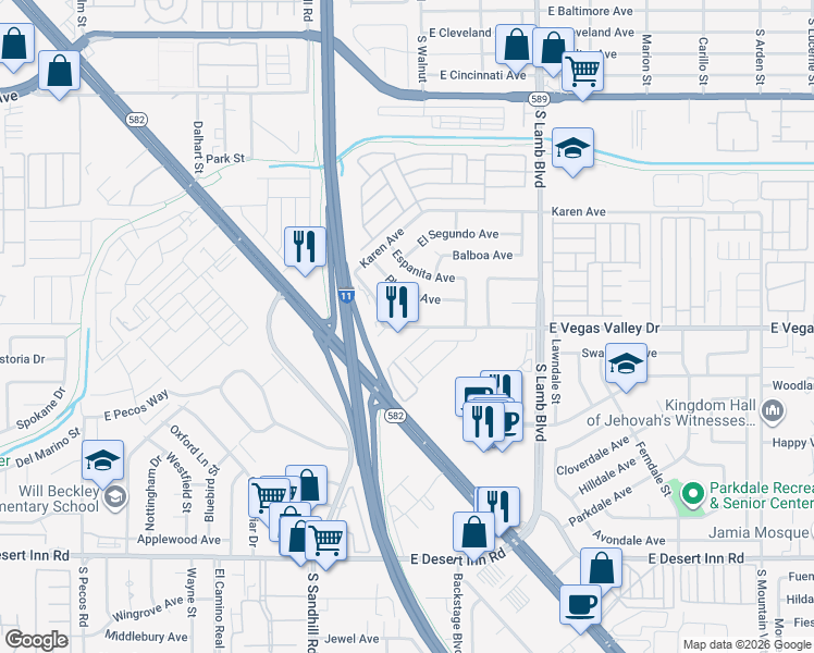 map of restaurants, bars, coffee shops, grocery stores, and more near 2950 South Sandhill Road in Las Vegas