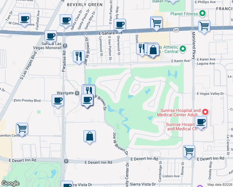 map of restaurants, bars, coffee shops, grocery stores, and more near 2890 Loveland Drive in Las Vegas