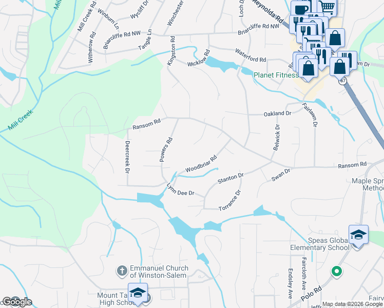 map of restaurants, bars, coffee shops, grocery stores, and more near 130 Woodbriar Road in Winston-Salem