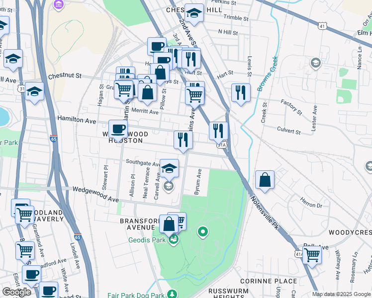 map of restaurants, bars, coffee shops, grocery stores, and more near 147A Rains Avenue in Nashville
