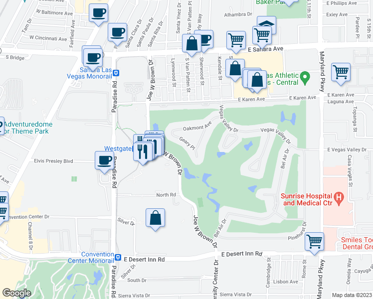 map of restaurants, bars, coffee shops, grocery stores, and more near 2855 Geary Place in Las Vegas