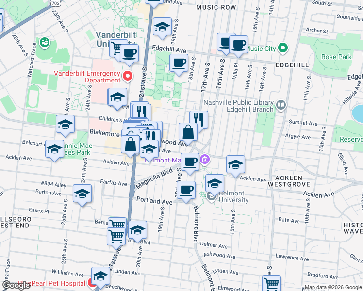 map of restaurants, bars, coffee shops, grocery stores, and more near 1711 18th Avenue South in Nashville