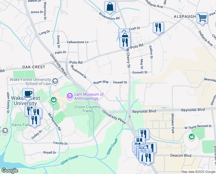 map of restaurants, bars, coffee shops, grocery stores, and more near Deacon Point Lane in Winston-Salem