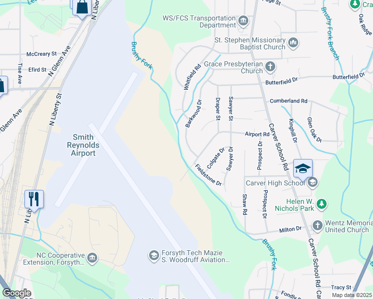 map of restaurants, bars, coffee shops, grocery stores, and more near 3614 Barkwood Drive in Winston-Salem