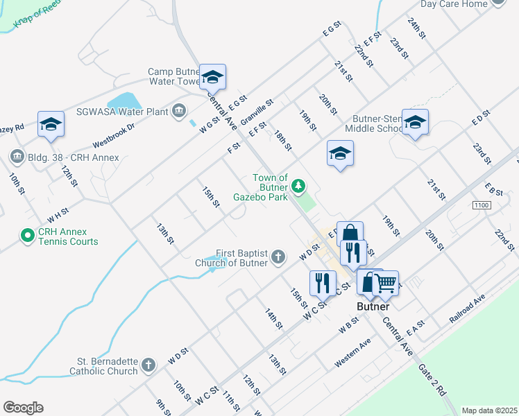 map of restaurants, bars, coffee shops, grocery stores, and more near 201 West E Street in Butner