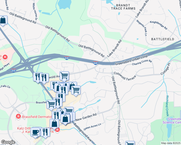 map of restaurants, bars, coffee shops, grocery stores, and more near 3703 Cotswold Terrace in Greensboro