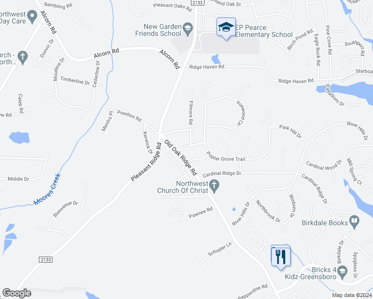 map of restaurants, bars, coffee shops, grocery stores, and more near 6911 Cedar Bend Court in Greensboro