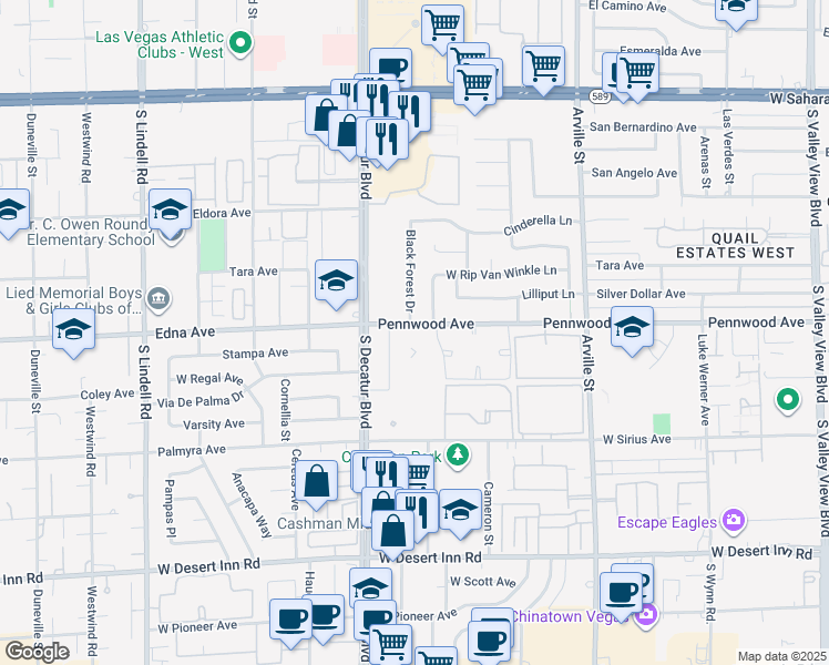 map of restaurants, bars, coffee shops, grocery stores, and more near 4747 Pennwood Avenue in Las Vegas