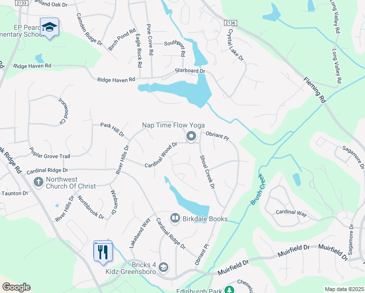 map of restaurants, bars, coffee shops, grocery stores, and more near 6303 Cardinal Wood Drive in Greensboro